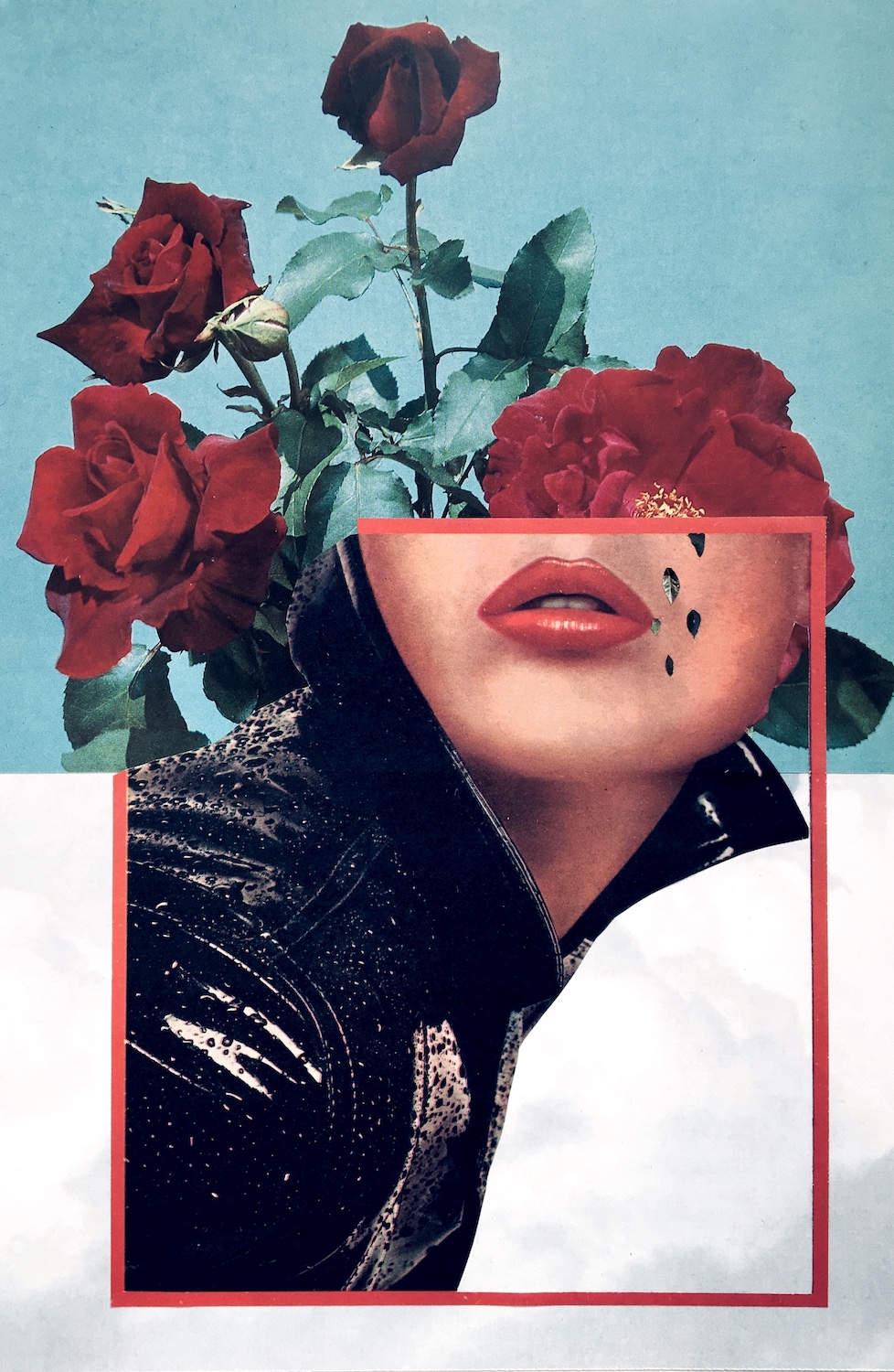 femme en blouson noir et rouge à lèvres rouge pleurant sur un fond de roses rouges rétro