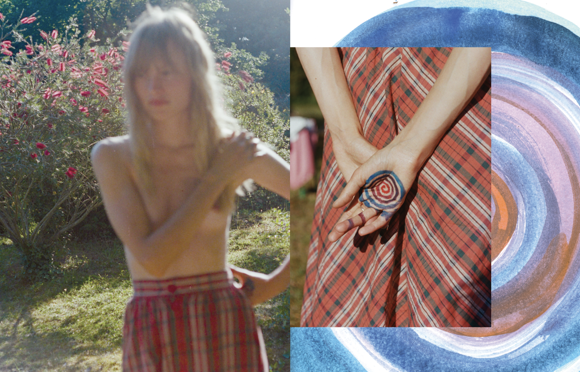 Assemblage d'une photo de femme en jupe écossaise, tenant un caillou peint sur un dessin de cercles bleu
