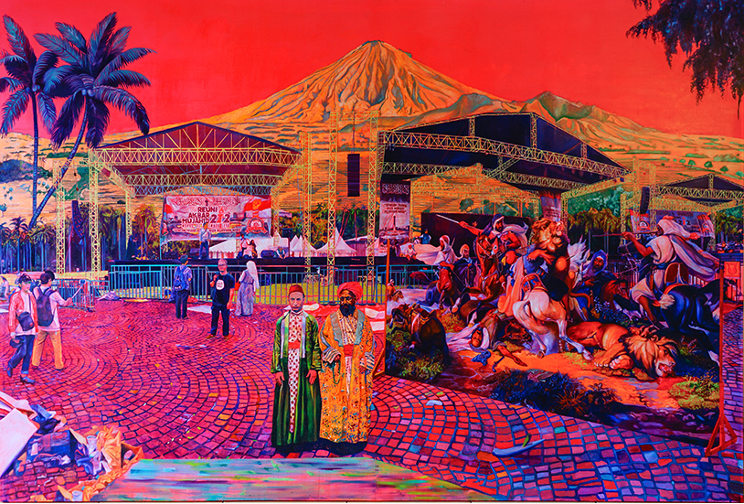 Peinture de Zico Albaiquni représentant des personnes dans un univers coloré du orange au mauve